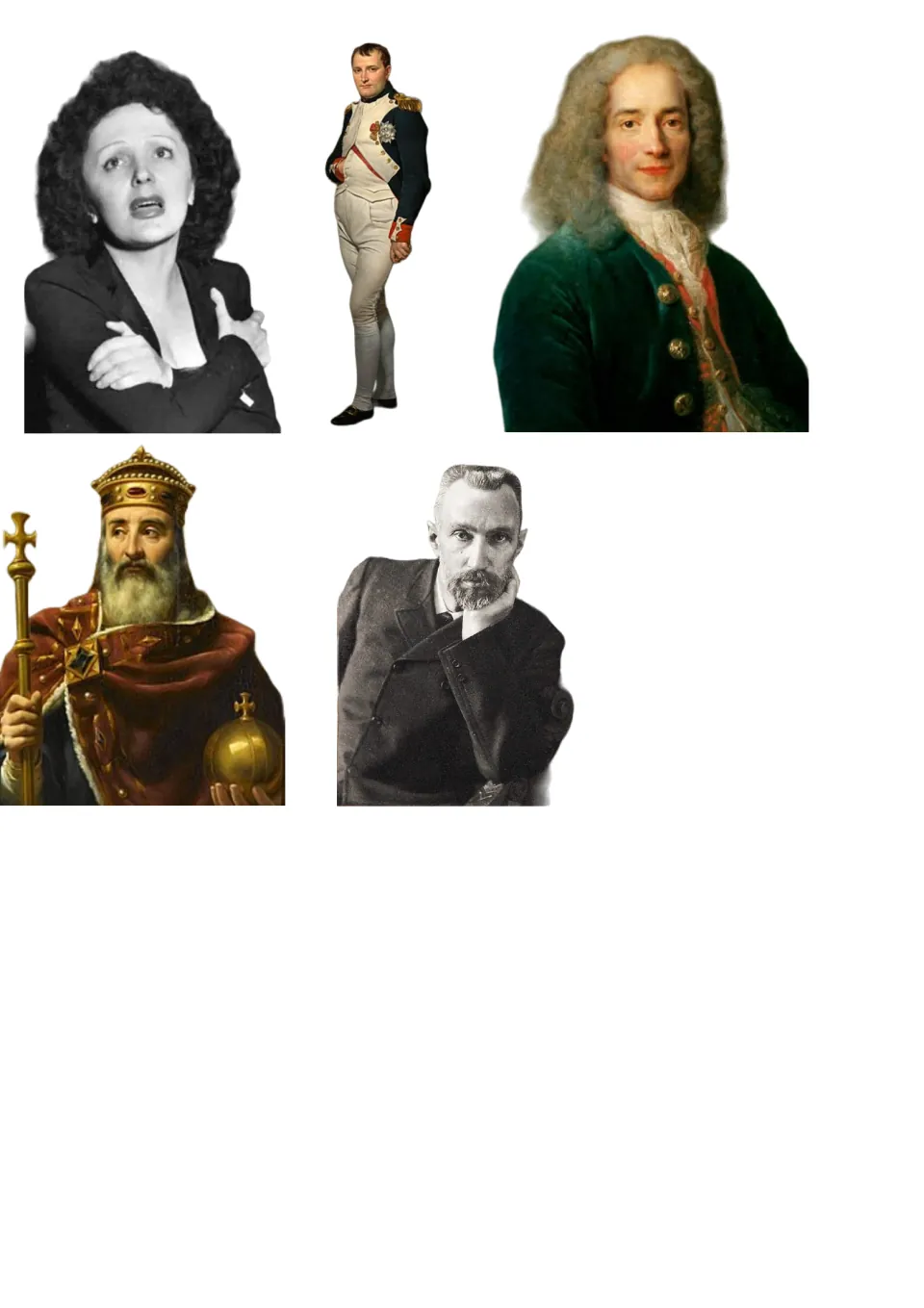 Five unlabeled portraits of French historical figures, including a crowned king and a man in uniform, to use as pawns