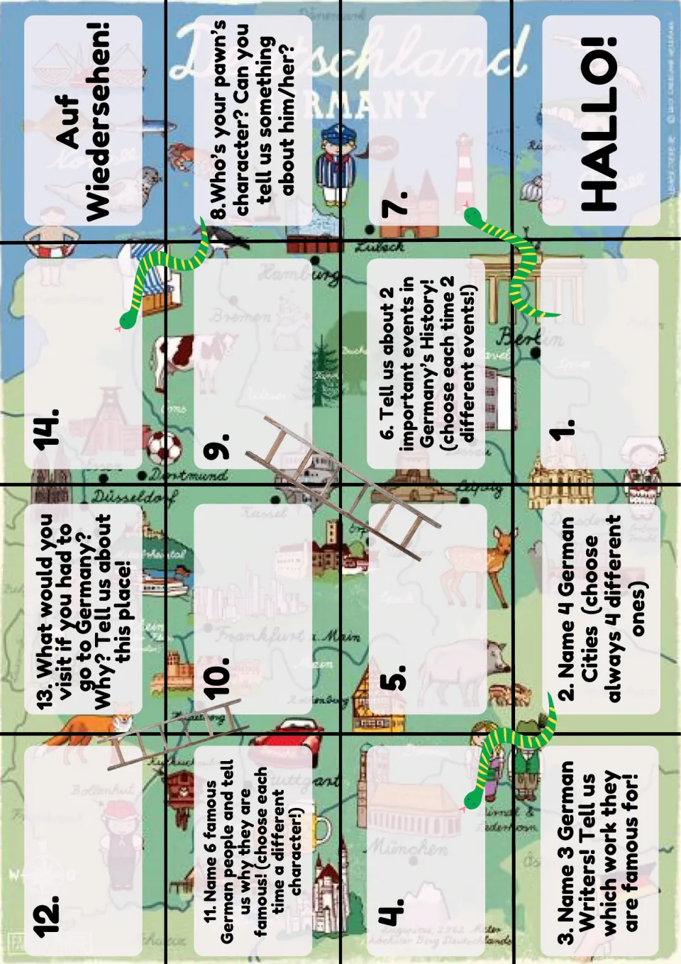 Germany snakes and ladders board on a map: 14 squares from Hallo! to Auf Wiedersehen! ask about cities, writers and history