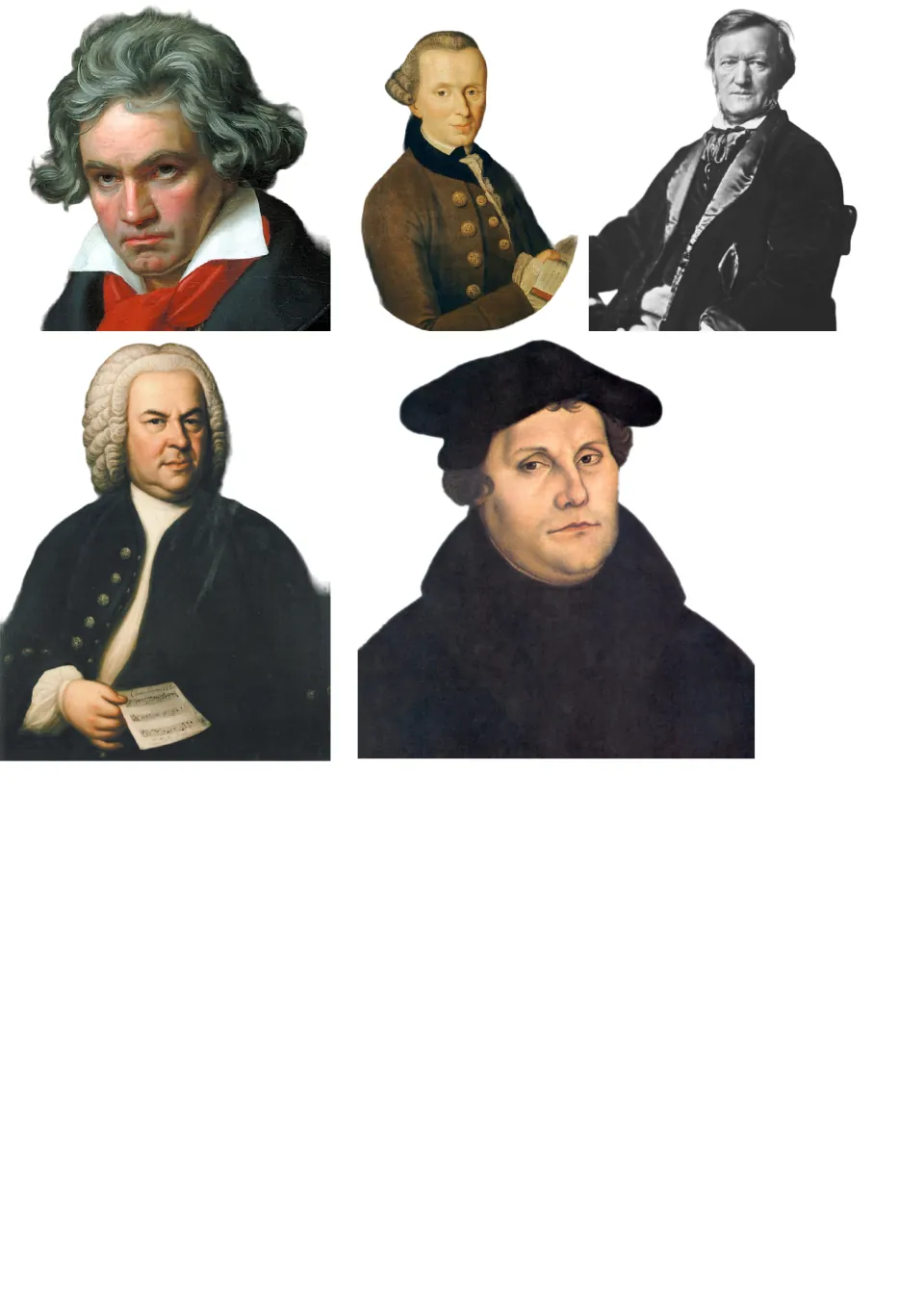 Five unlabeled portraits of historical figures in period dress, including a man holding sheet music and one holding a book