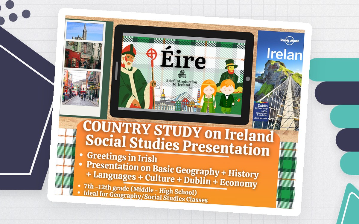 Country Study on Ireland presentation cover with Irish landmarks, flags, and cultural illustrations.