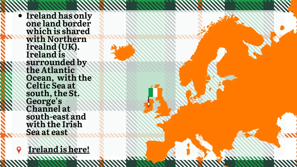 Ireland's borders: one land border with Northern Ireland; Atlantic, Celtic Sea, St. George's Channel and Irish Sea around it