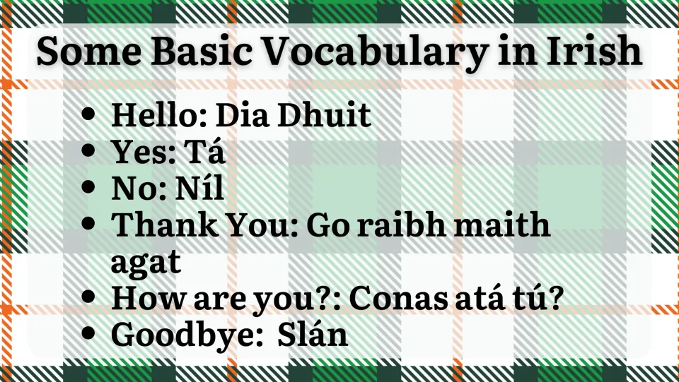 Basic Irish vocabulary: hello, yes, no, thank you, how are you and goodbye with Irish terms like Dia Dhuit, Tá and Slán