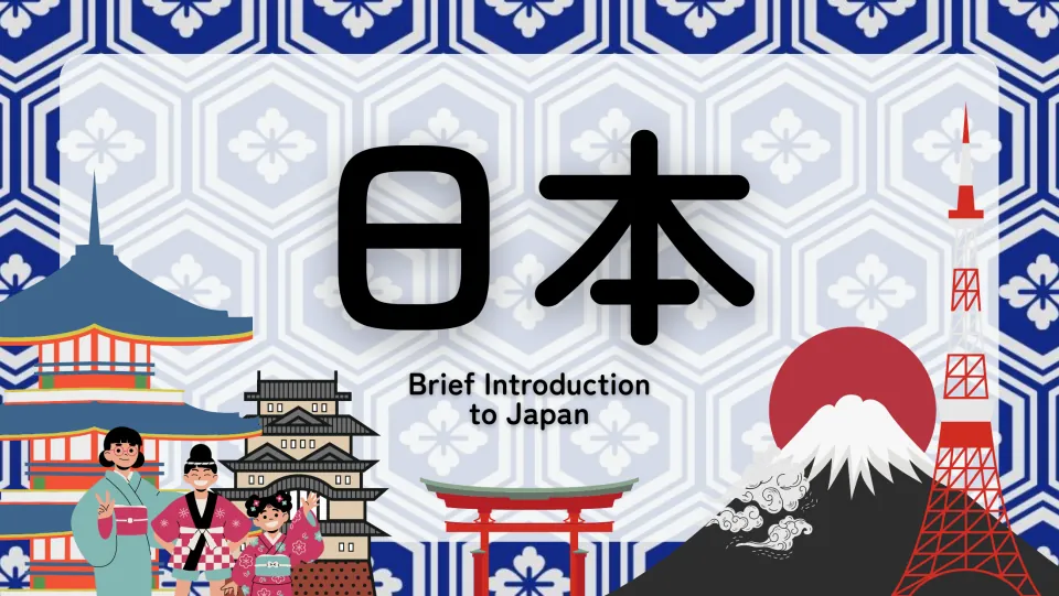 Title slide 日本, Brief Introduction to Japan, with a pagoda, castle, torii gate, Mount Fuji, Tokyo Tower and kimono kids