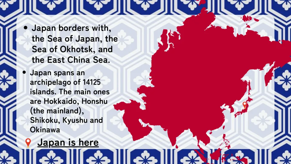 Japan's seas and islands: Sea of Japan, Okhotsk, East China Sea and main islands Hokkaido to Okinawa, on a map of Asia