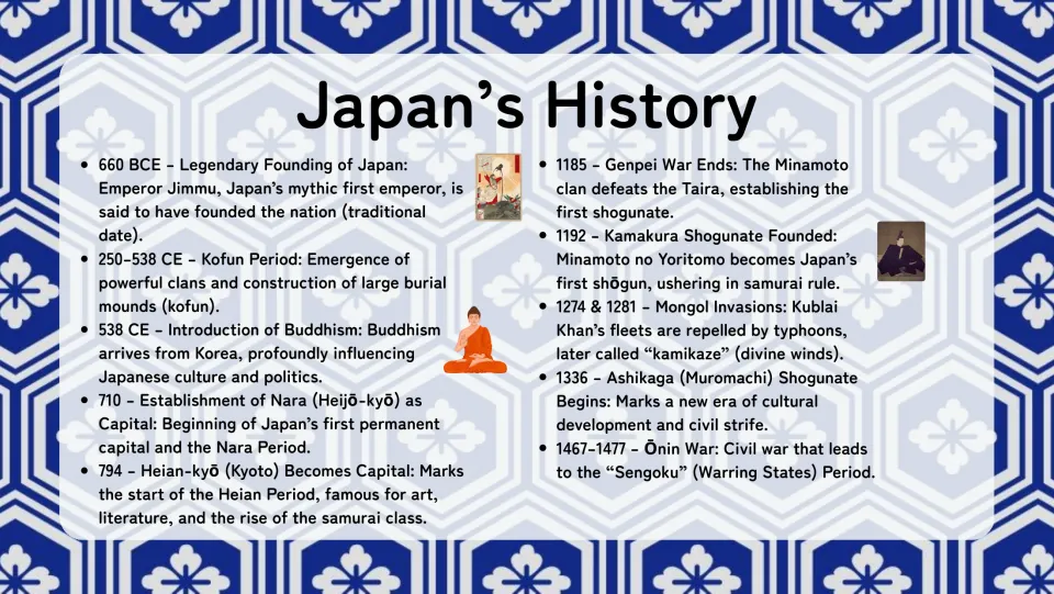 Japan's History, part 1: from the 660 BCE legendary founding through Buddhism, Nara, Heian, shogunates and the Onin War