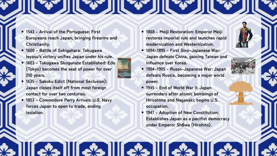 History, part 2: Portuguese arrival in 1543, Tokugawa rule, seclusion, Perry, Meiji, wars, WWII and the 1947 constitution
