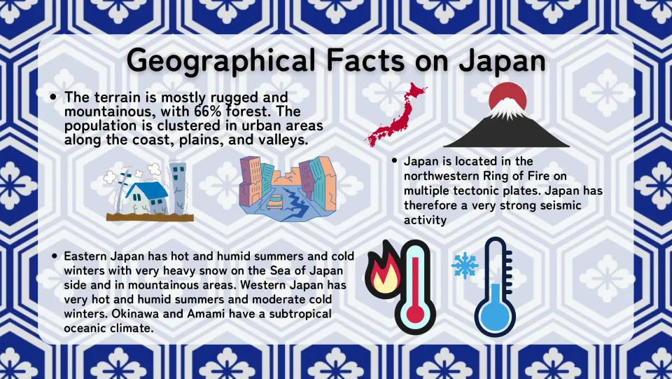 Geographical Facts on Japan: mountain terrain, Ring of Fire earthquakes, and climate from snowy east to subtropical Okinawa