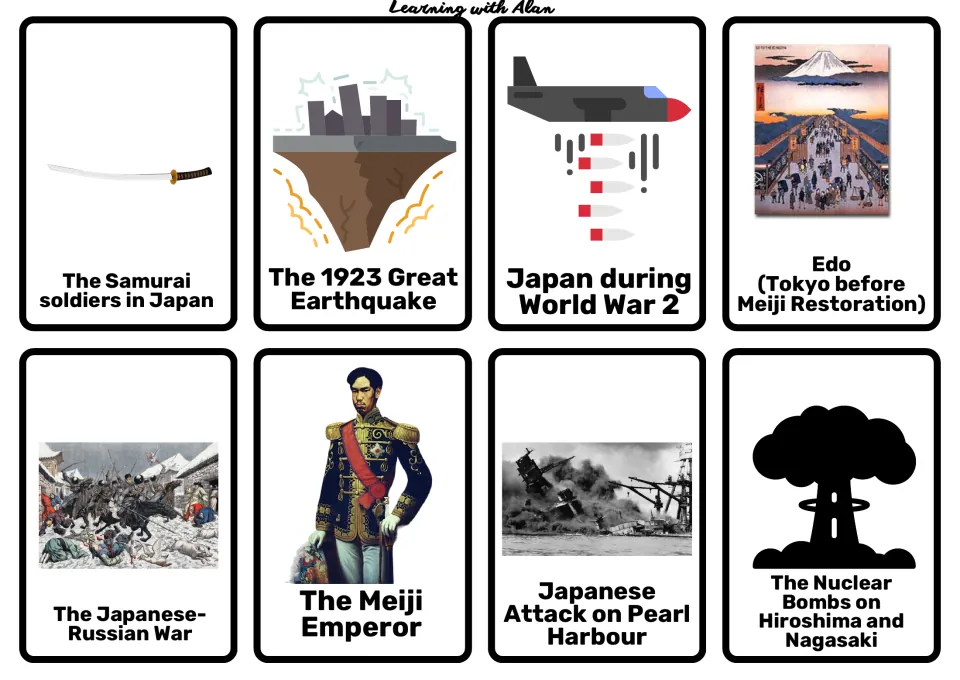 Japanese history topic cards: Samurai, 1923 earthquake, Edo, Meiji Emperor, Russian war, Pearl Harbour, WW2, Hiroshima