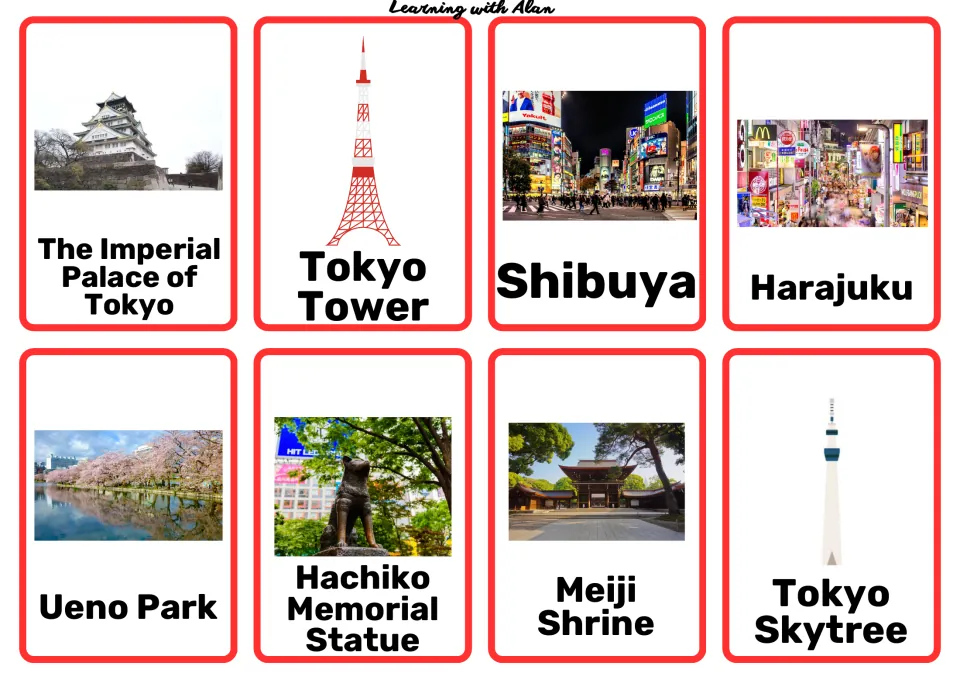 Tokyo landmark cards: Imperial Palace, Tokyo Tower, Shibuya, Harajuku, Ueno Park, Hachiko statue, Meiji Shrine, Skytree