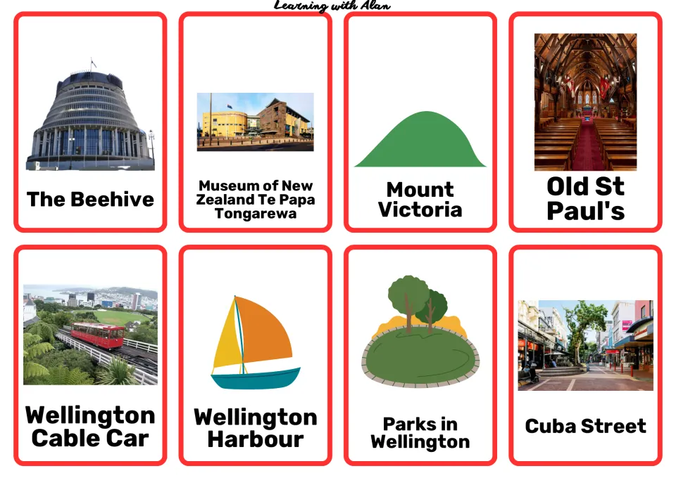Wellington landmark cards: the Beehive, Te Papa museum, Mount Victoria, Old St Paul's, Cable Car, Harbour, Cuba Street