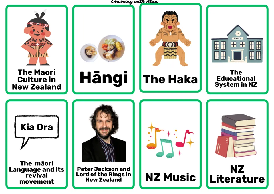 Culture topic cards: Maori culture, Hangi, the Haka, education, Maori language revival, Peter Jackson, music and literature