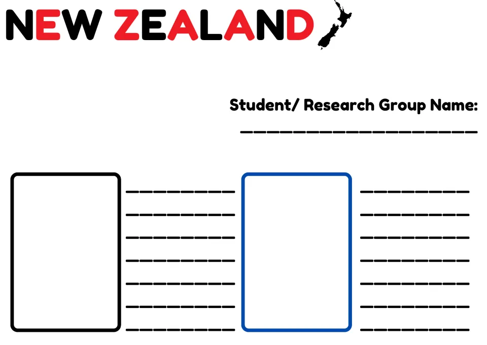 New Zealand research sheet: students write their name, place two chosen topic cards and write their findings beside each