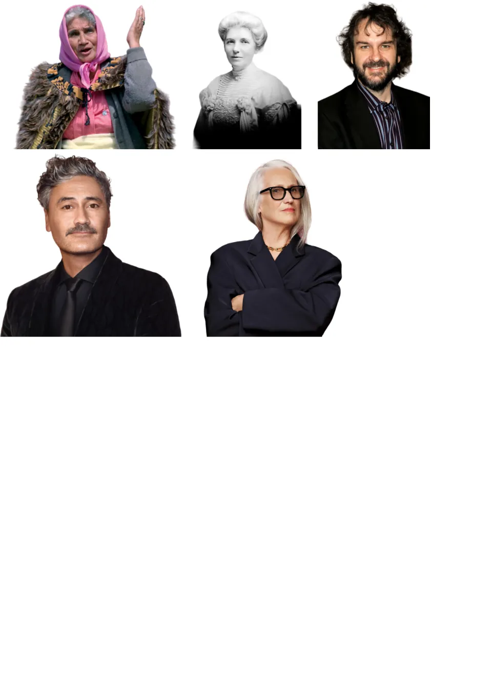 Five portrait photos of people with no names or text, including one black-and-white portrait of a woman in a lace collar
