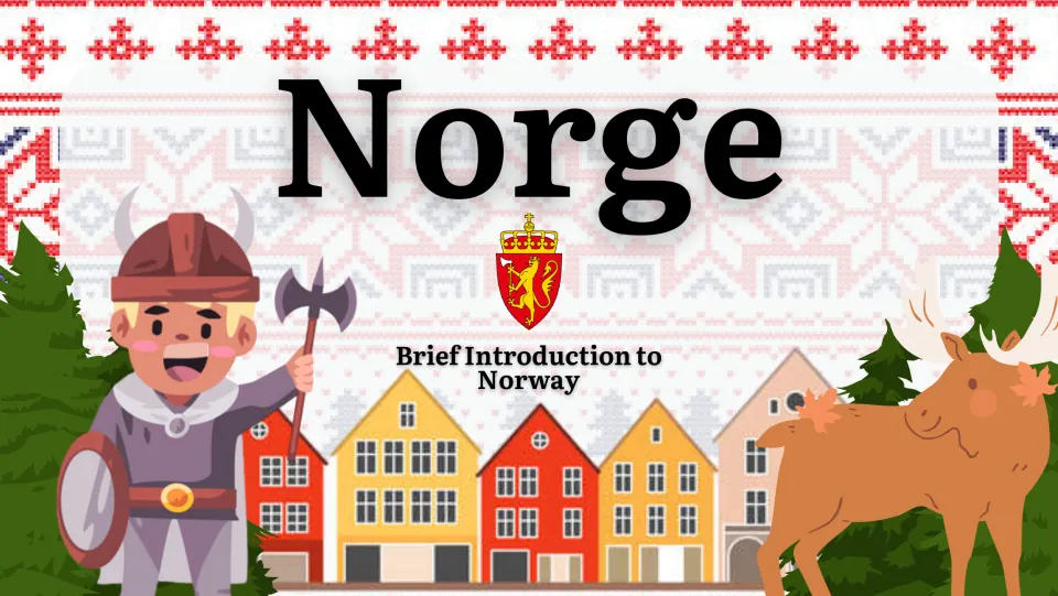 Norge title slide, Brief Introduction to Norway, with the royal coat of arms, a cartoon Viking, a moose and colorful houses