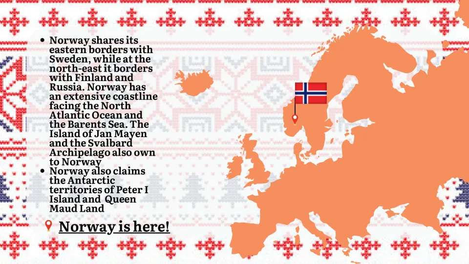 Norway's borders and territories: Sweden, Finland, Russia, Svalbard, Jan Mayen and Antarctic claims, with a Europe map pin