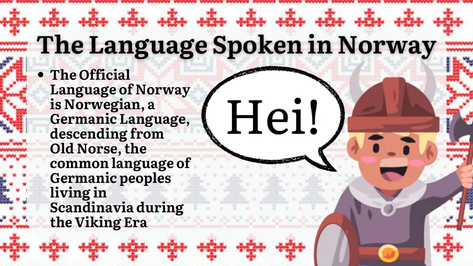 Language Spoken in Norway: Norwegian, a Germanic language descended from Viking Era Old Norse; a Viking says Hei