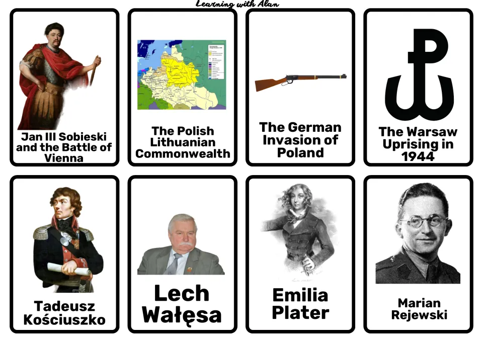 Polish history topic cards: Sobieski at Vienna, the Commonwealth, German invasion, Warsaw Uprising, Kościuszko and Wałęsa
