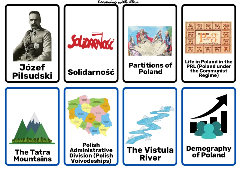 Cards on Piłsudski, Solidarność, the Partitions and life in the PRL, plus Tatra Mountains, voivodeships, Vistula River