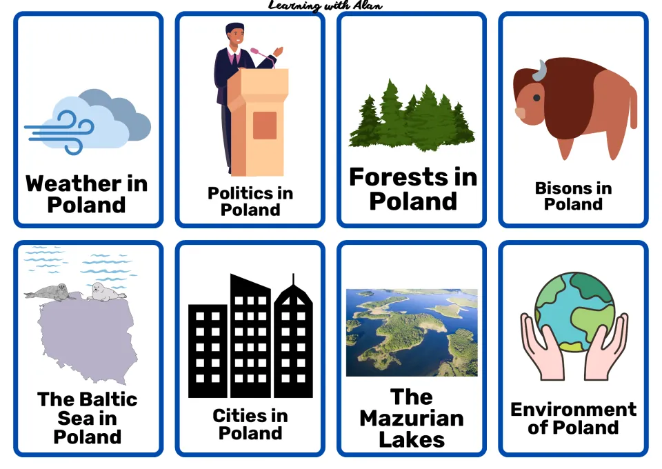 Geography and environment cards: weather, politics, forests, bison, the Baltic Sea, cities and the Mazurian Lakes in Poland