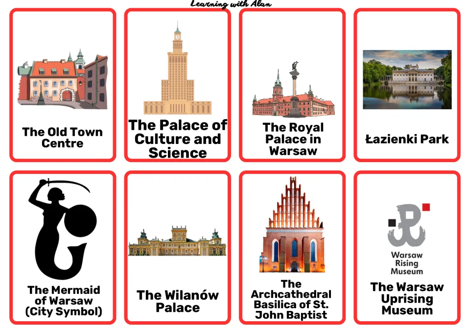 Warsaw landmark cards: Old Town, Palace of Culture and Science, Royal Palace, Łazienki Park, the Mermaid and Wilanów Palace
