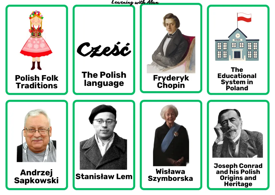 Culture cards on folk traditions, the Polish language, Chopin, schooling, Sapkowski, Stanisław Lem, Szymborska and Conrad
