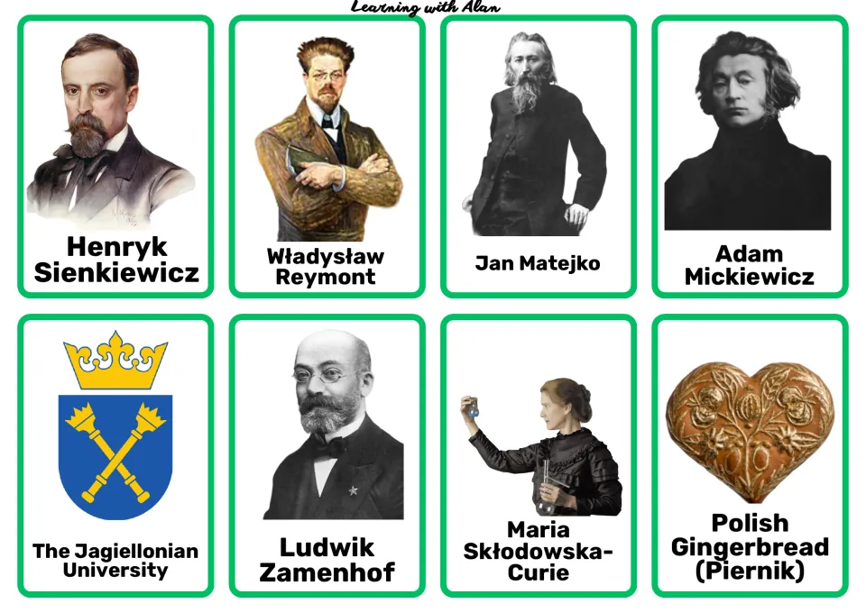 Famous Poles cards: Sienkiewicz, Reymont, Matejko, Mickiewicz, Jagiellonian University, Zamenhof, Curie and piernik