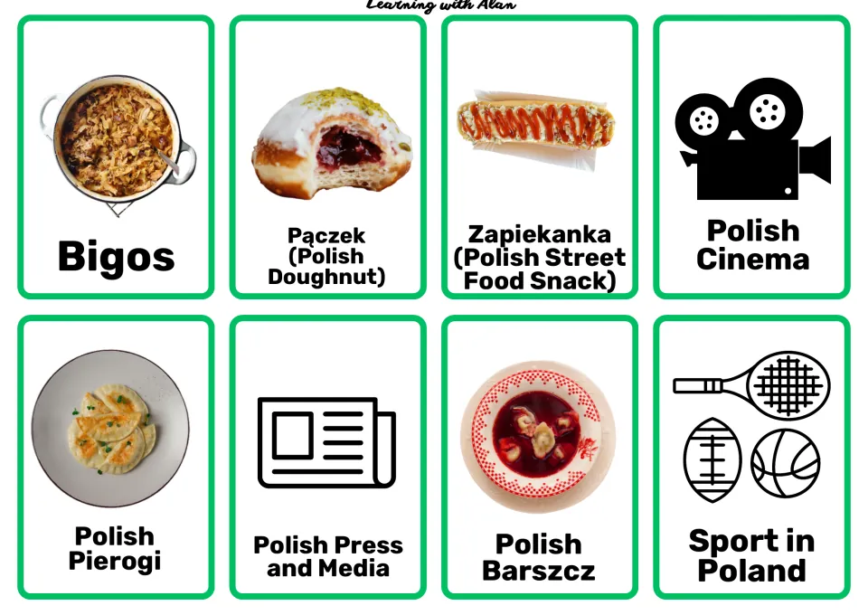 Food and daily life cards: bigos, pączek, zapiekanka, pierogi and barszcz, plus Polish cinema, press and media, and sport