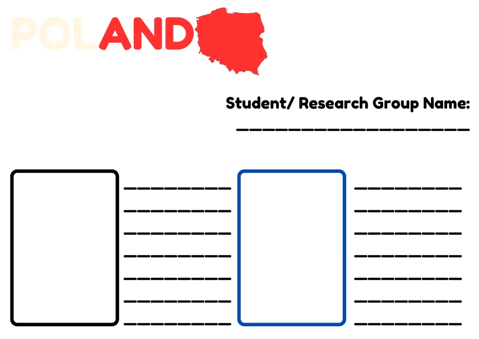 Poland research sheet headed by a map of Poland: students write their group name and record notes next to two topic cards
