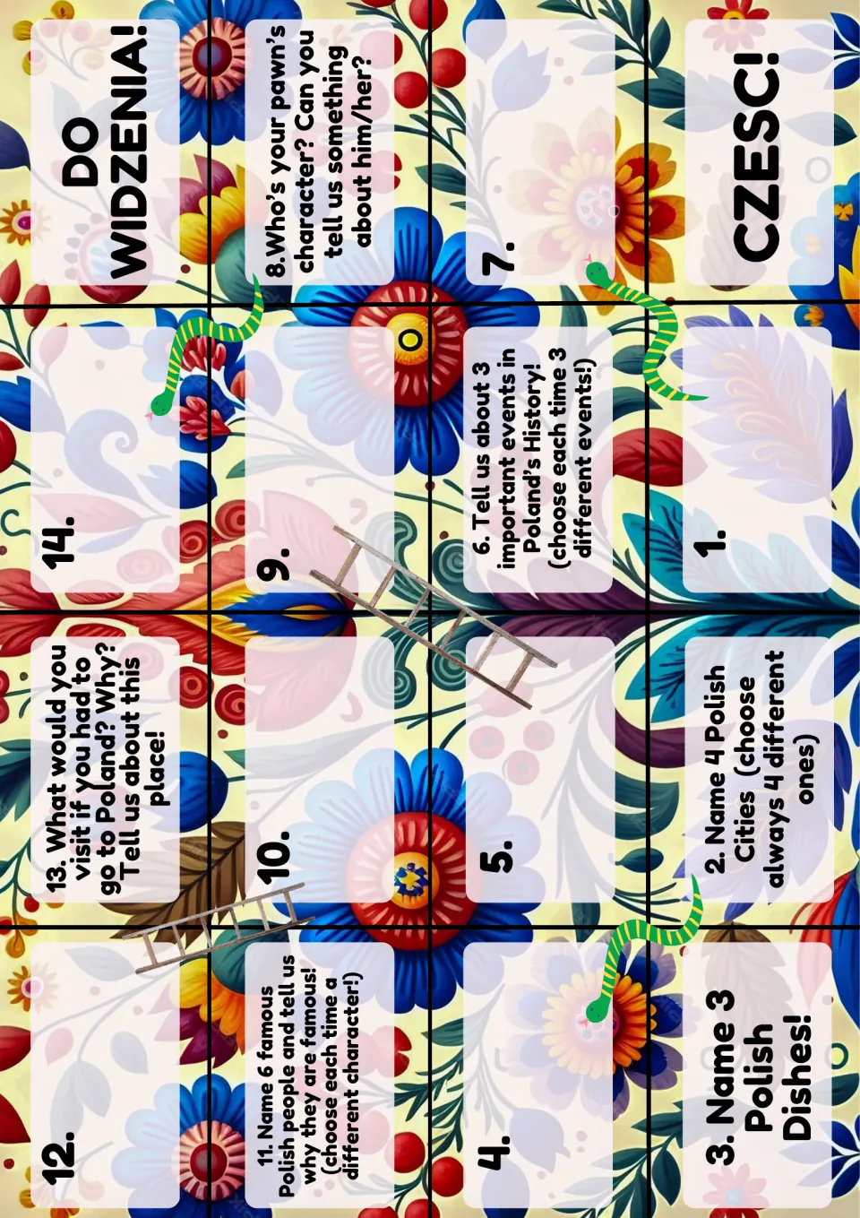 Poland snakes and ladders board, squares 1 to 14: players name Polish dishes, cities, famous people and historic events