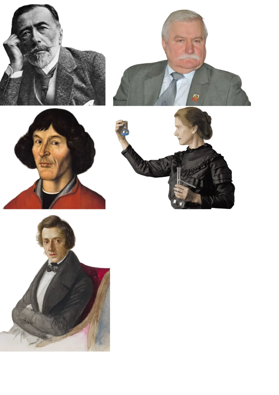 Five unlabeled portraits of historical figures, including a woman holding a flask, to cut out as pawn characters