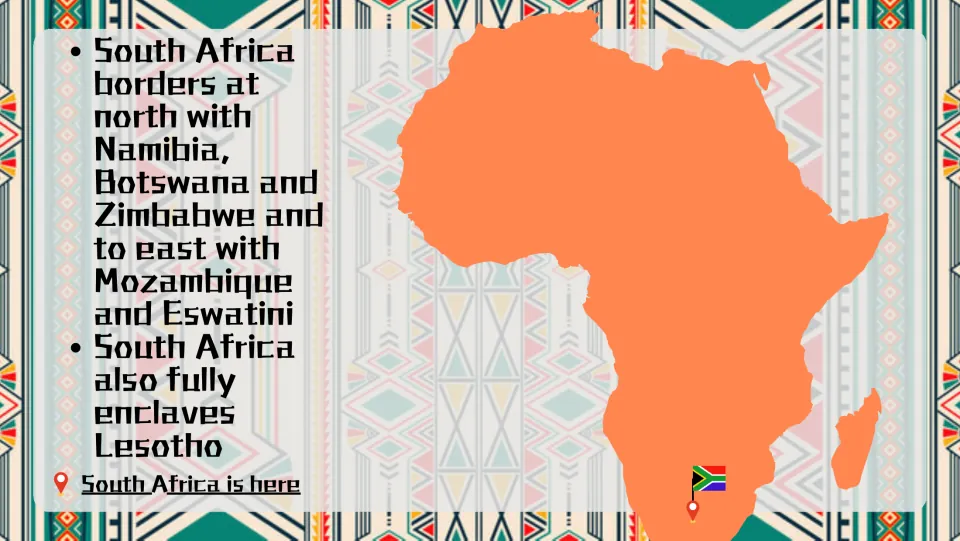 Geography slide locating South Africa on an Africa map and naming its neighbors, including enclosed Lesotho