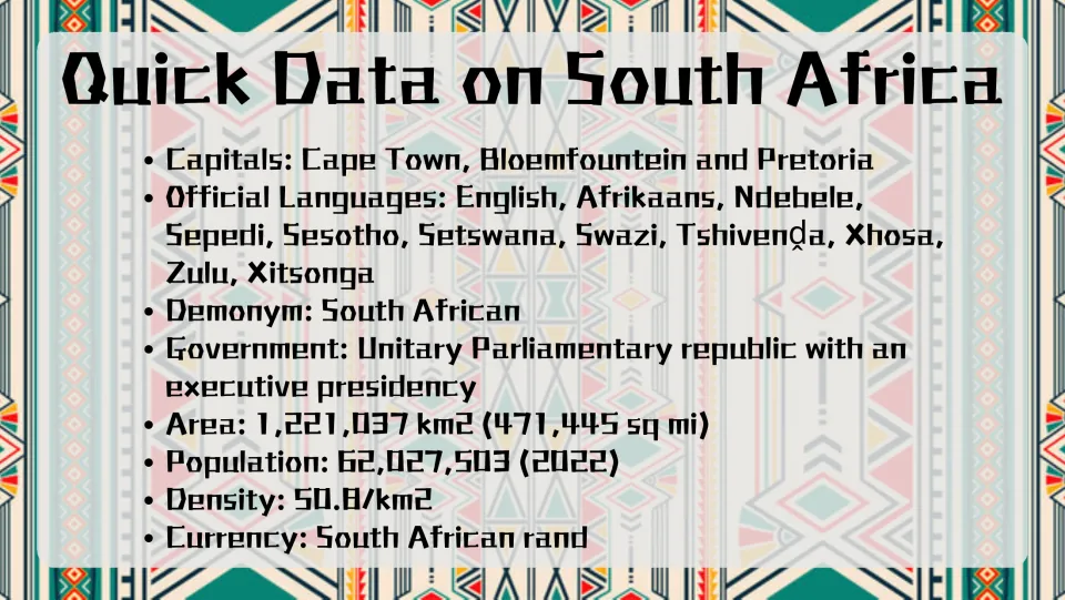 Quick data slide listing South Africa's capitals, languages, government, area, population, and currency