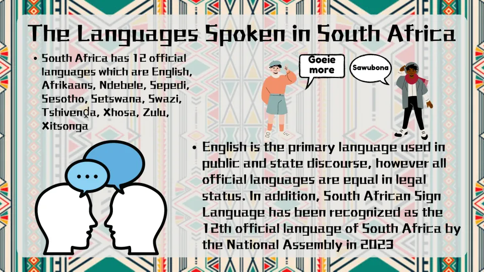 Language overview slide explaining English use and South African Sign Language as the 12th official language