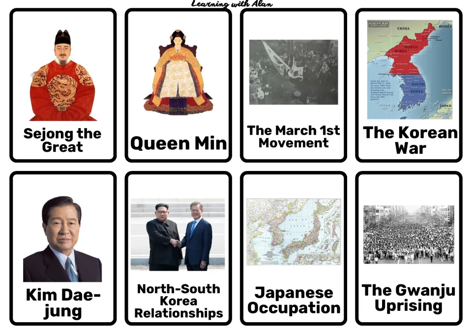 South Korean history research cards: Sejong the Great, Queen Min, March 1st Movement, Korean War and Kim Dae-jung