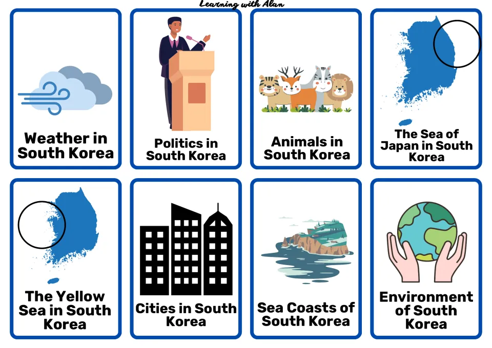 Cards on South Korea's weather, politics, animals, cities, coasts, environment, the Yellow Sea and the Sea of Japan