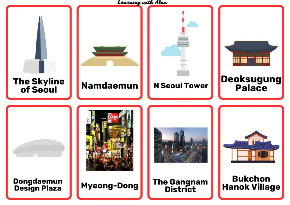 Seoul landmark cards to research: Namdaemun, N Seoul Tower, Deoksugung Palace, Myeong-Dong and Bukchon Hanok Village