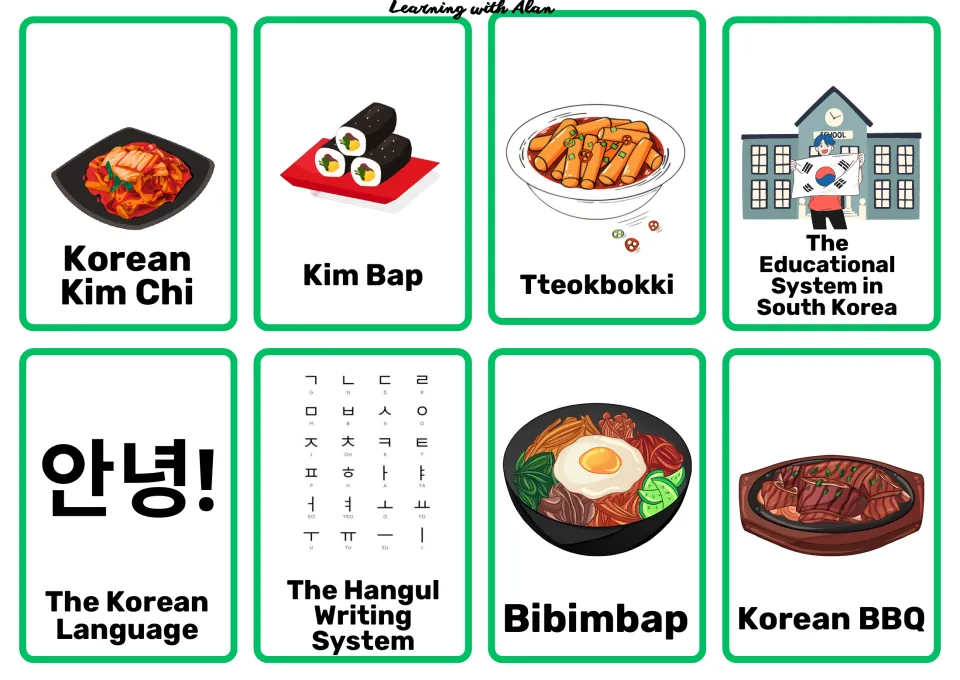 Food, language and school cards: Kim Chi, Kim Bap, Tteokbokki, Bibimbap, Korean BBQ, Hangul and the education system