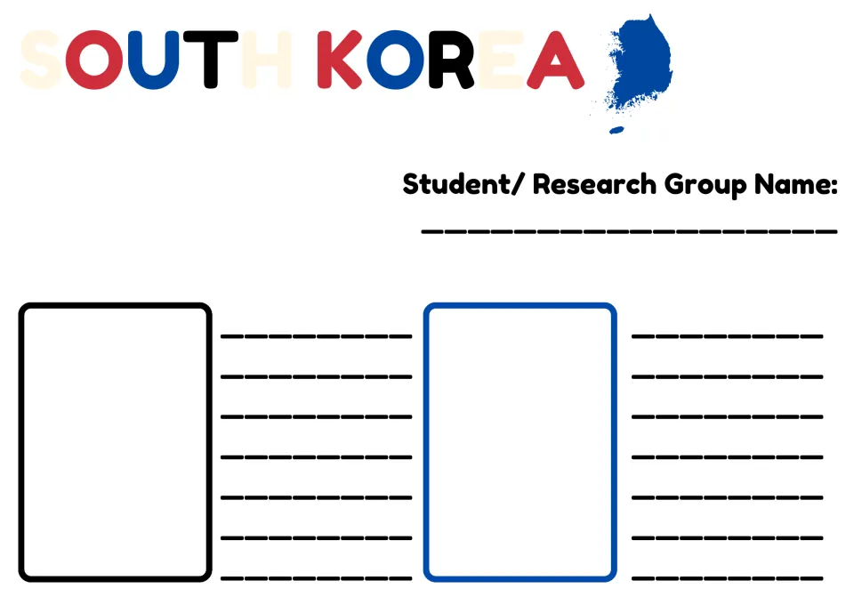South Korea research sheet: students write a name, place two chosen topic cards and write notes beside each one