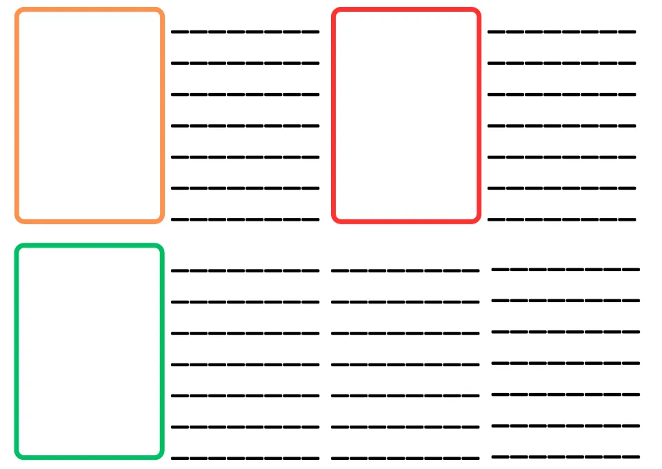 Second research sheet page: students place three more topic cards and write research notes next to each card