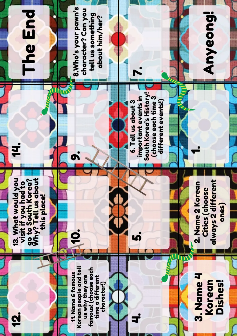 South Korea board: 14 squares from Anyeong! to The End with snakes, ladders and prompts on dishes, cities and history