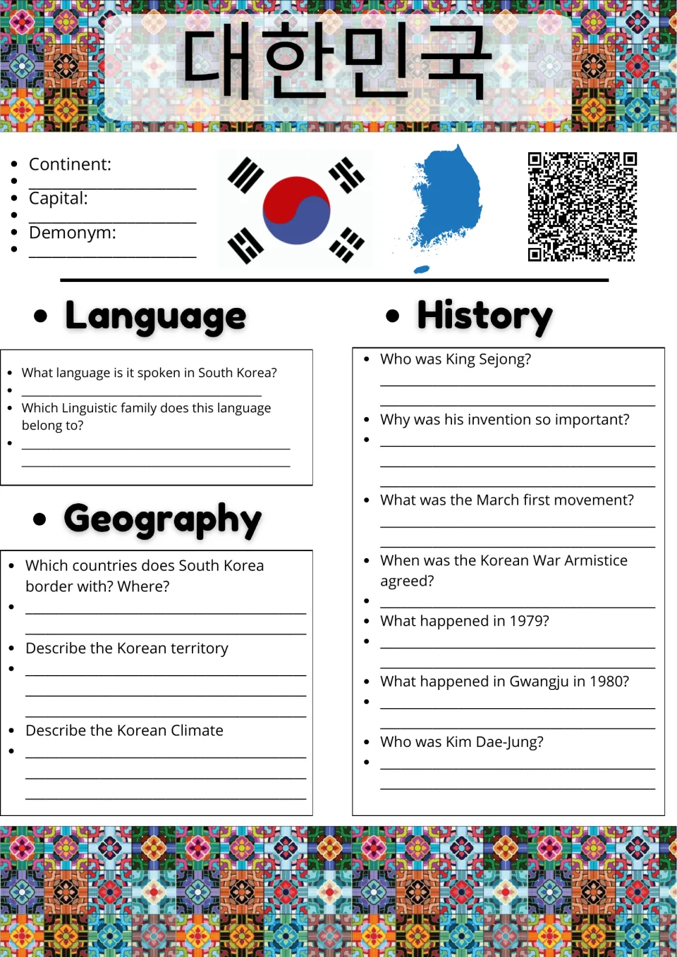 South Korea country study: students research language, geography and history, from King Sejong to the 1980 Gwangju events
