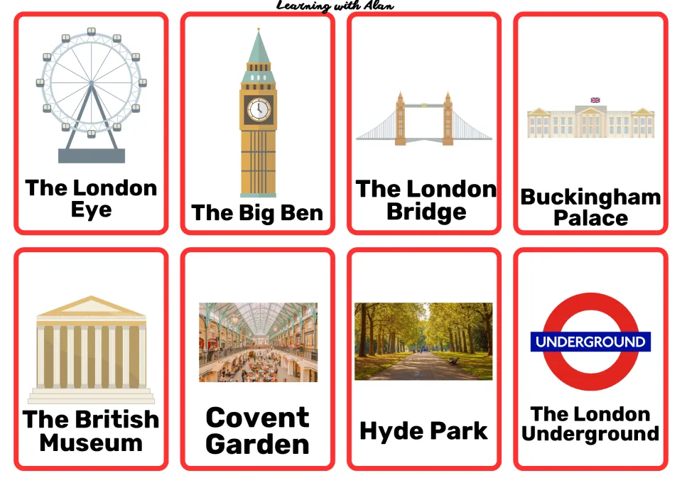 London landmark cards: London Eye, Big Ben, London Bridge, Buckingham Palace, British Museum, Hyde Park and more