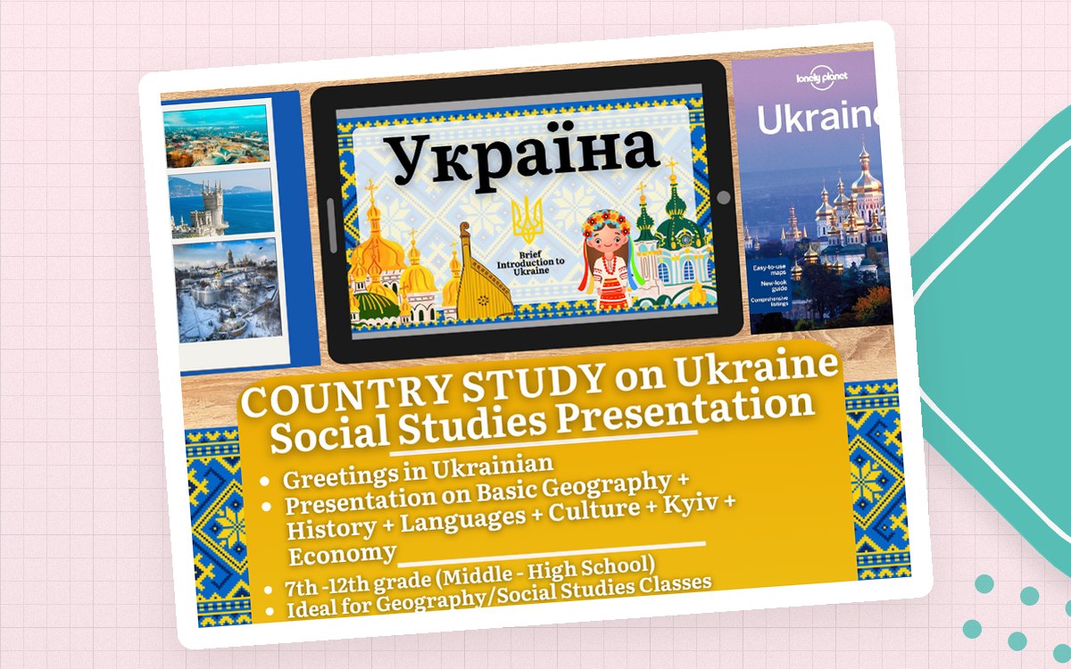 Country Study on Ukraine presentation cover with Ukrainian text and city photographs.