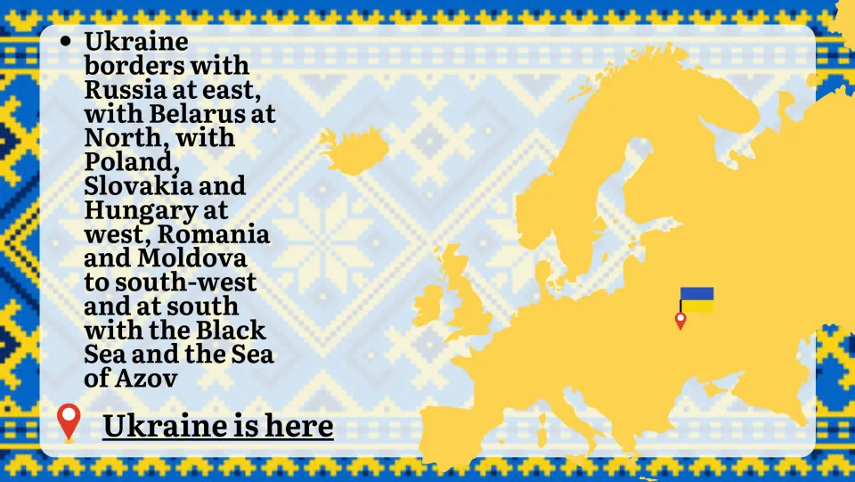 Ukraine's borders: Russia, Belarus, Poland, Slovakia, Hungary, Romania, Moldova, Black Sea and Sea of Azov, on a Europe map