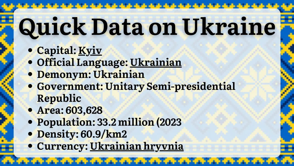 Quick data on Ukraine: capital Kyiv, Ukrainian language, government type, area, population, density and hryvnia currency