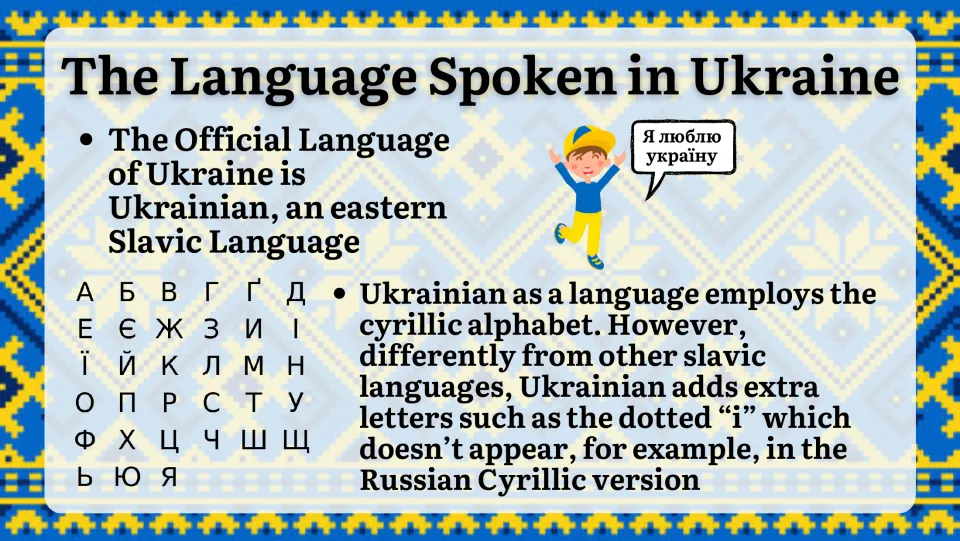 Ukrainian language: an East Slavic tongue written in Cyrillic, with the alphabet chart and extra letters like the dotted i