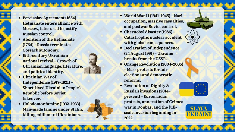 History continued, 1654 to today: Holodomor, WWII, Chernobyl, 1991 independence, Orange Revolution and 2022 invasion