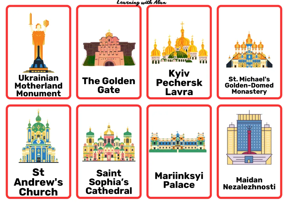Kyiv research cards 33–40: Motherland Monument, Golden Gate, Kyiv Pechersk Lavra and five more landmarks
