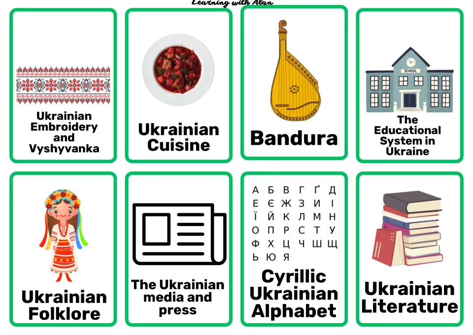 Ukrainian culture research cards 41–48: embroidery, cuisine, bandura, education and four more topics