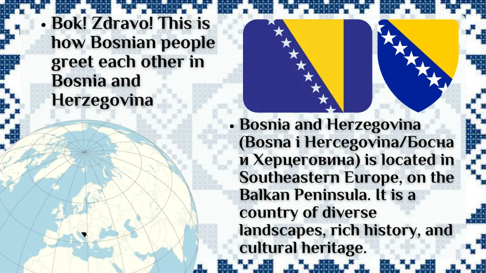 Country overview slide locating Bosnia and Herzegovina in Southeastern Europe on the Balkan Peninsula